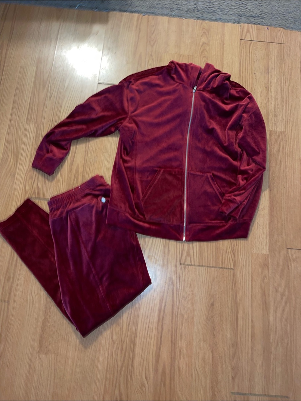 Livi Active Burgundy Velvet Zip-Up Hoodie and tapered leg set
